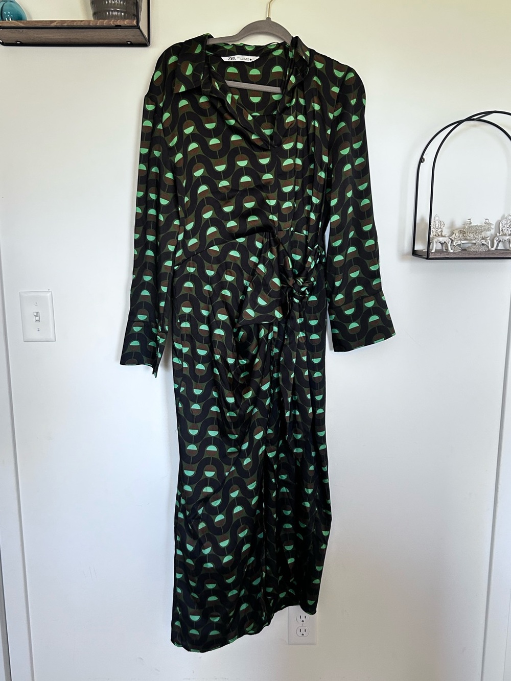 Zara Green Brown Geometric Circle Print Midi Long Sleeve Wrap Dress Size XL